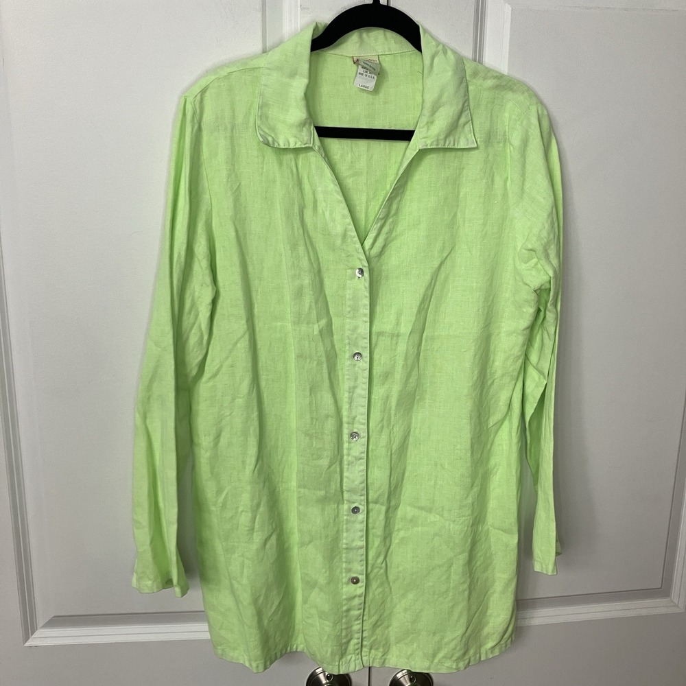 Vintage‎ Icantoo Linen Shirt Womens L Neon Green Resort Vacation Button Up